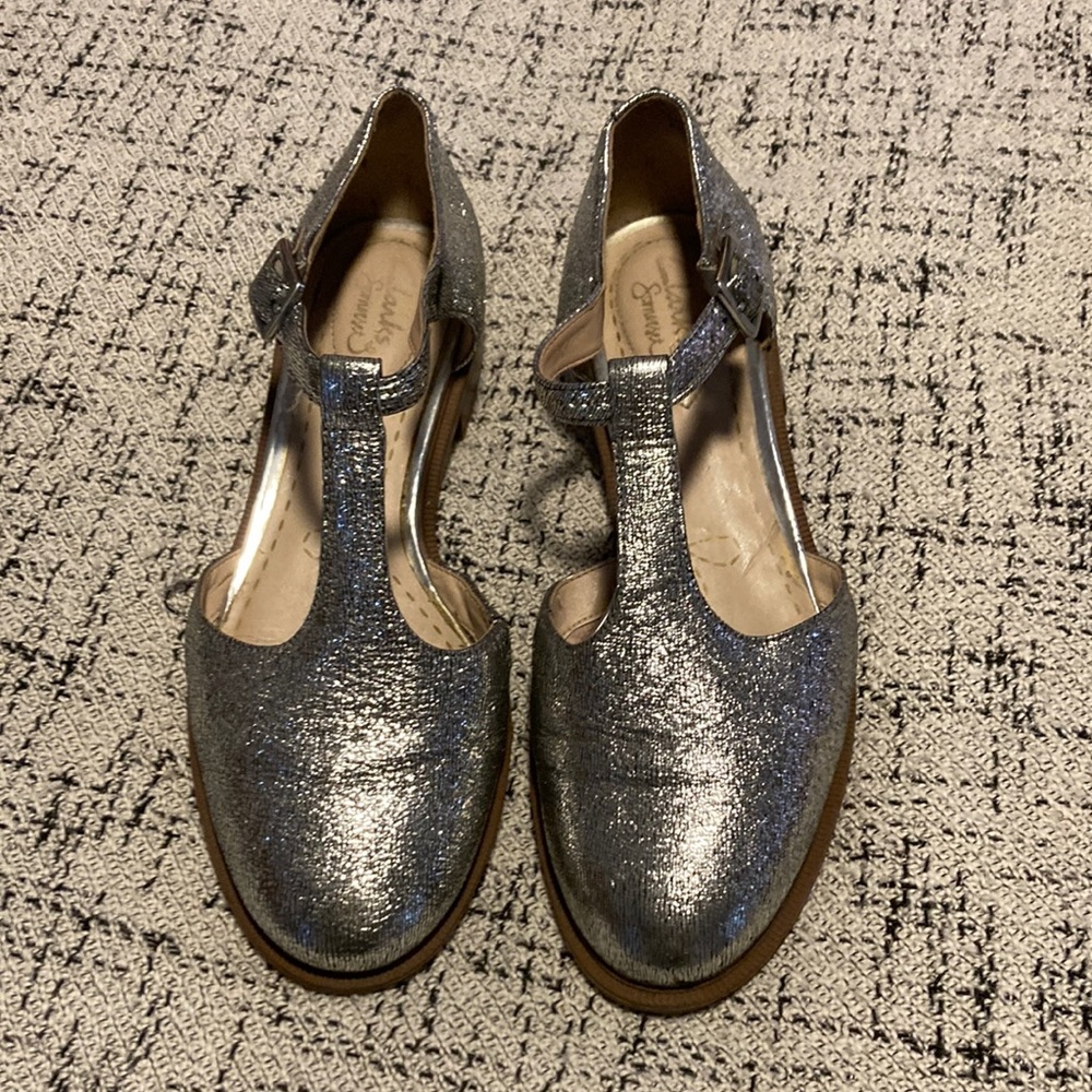 Silver Clark’s t-strap shoes, size 6